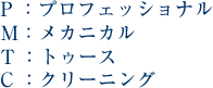 P:プロフェッショナル M:メカニカル T:トゥース C:クリーニング